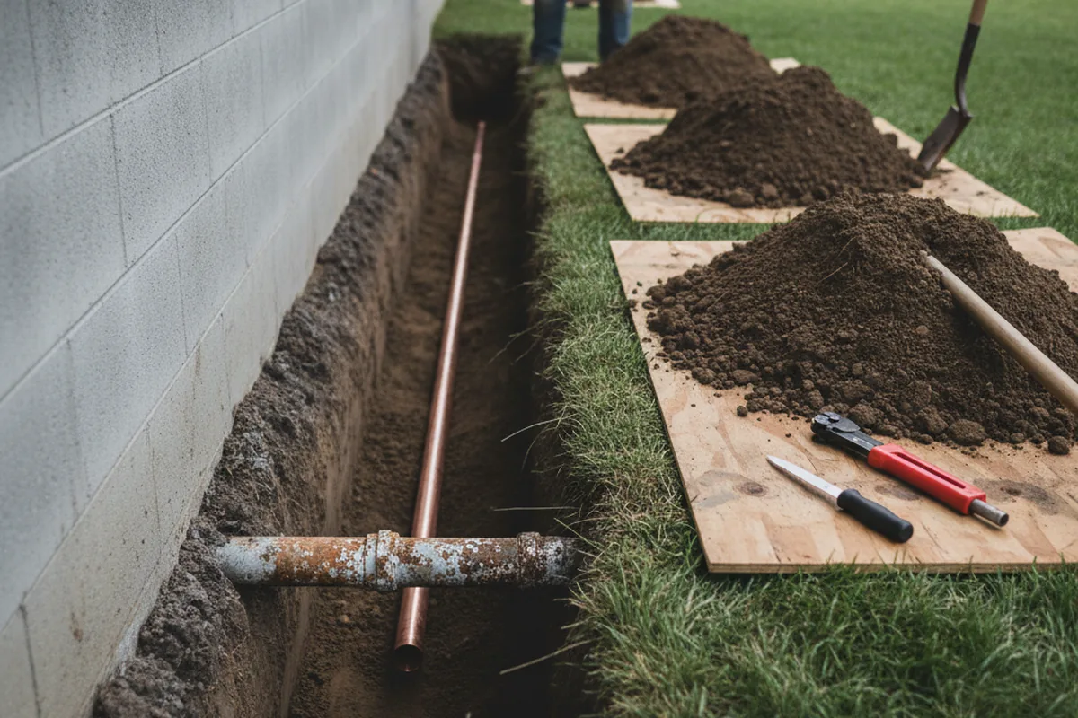 Excavated water line trench during Water Softener Installation in Carr